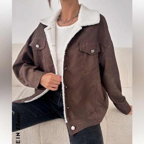 SHEIN Medium Teddy Lined Drop Shoulder Corduroy Jacket Coffee Brown Sherpa - Picture 3 of 8